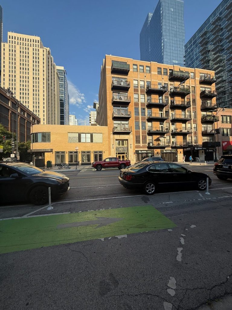 South Loop loft buildings under a blue sky