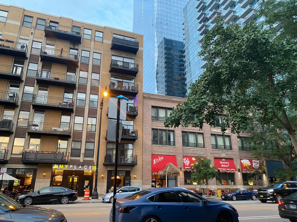 South Loop street with shops and high-rises